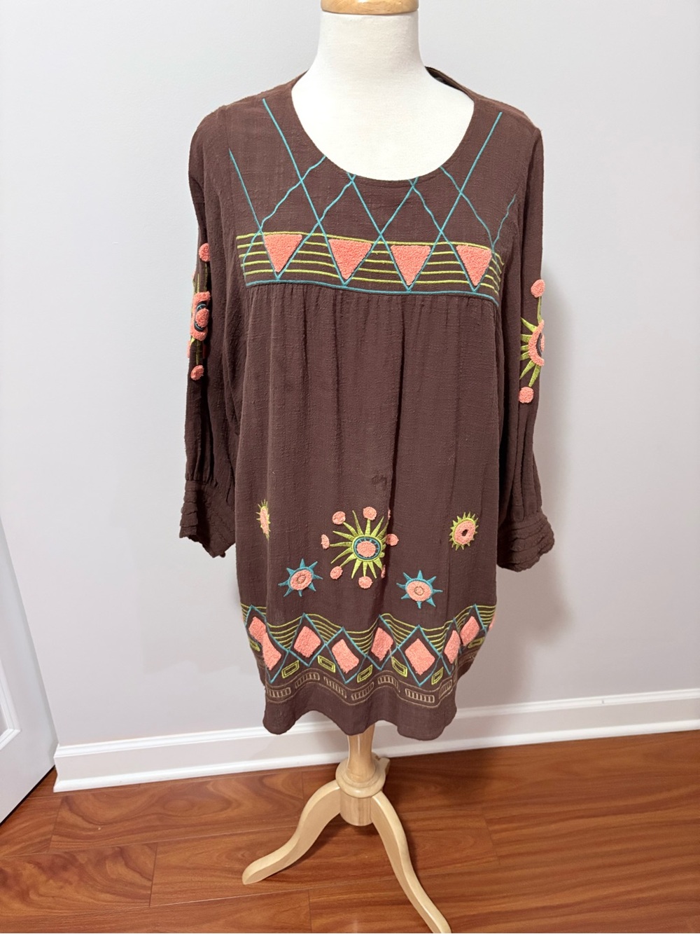 Brown Embroidered dress with Coral & Lime Accents